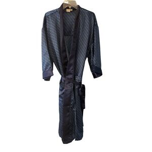 Haband Robe Navy Blue Polka Dot Satin Classic Loungewear Tie Waist Regular
